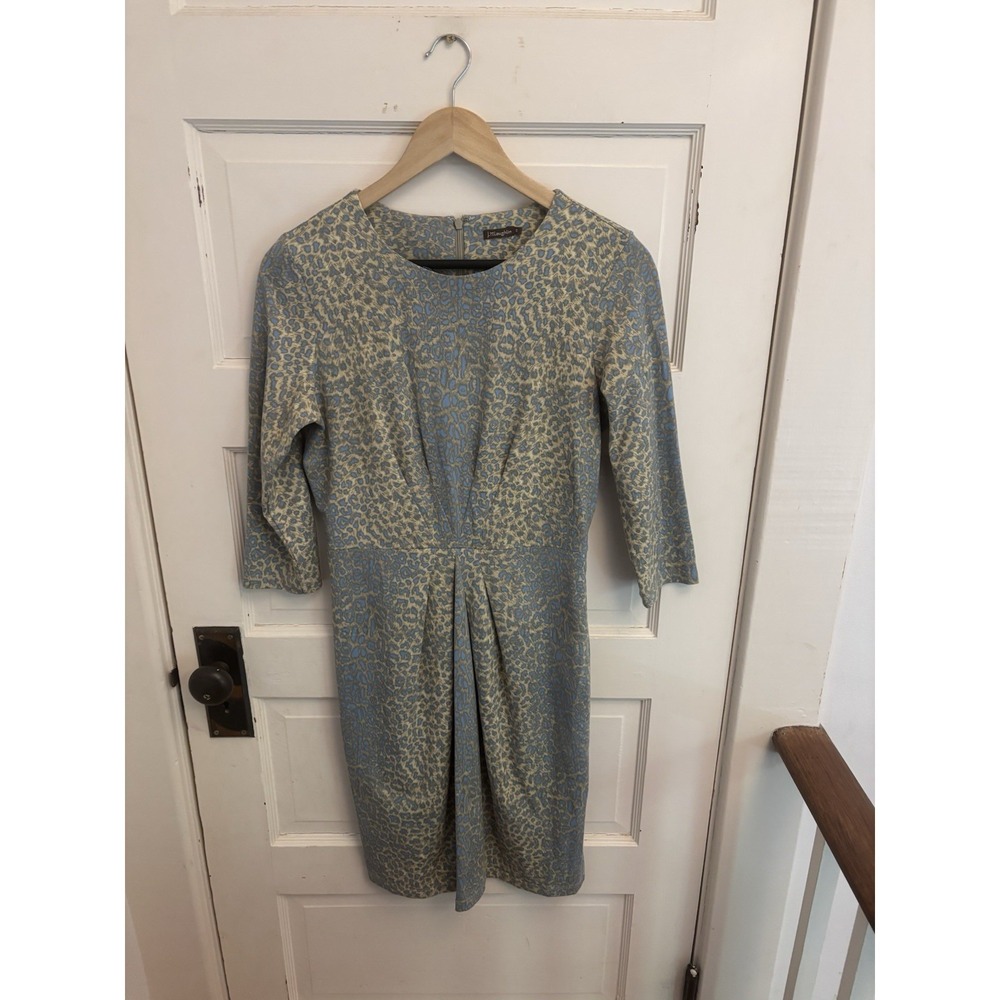 J. McLaughlin Women's Blue Tan Leopard Print Pleated‎ Stretch Sheath Size S $228